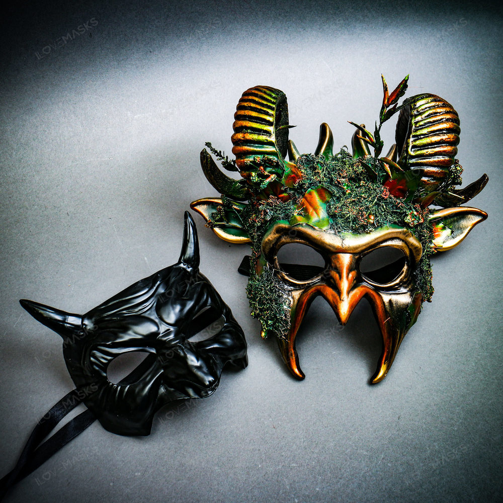 Green Forest Scary Devil Ram Halloween Couple Mask Devil Horn Black Demon Mask